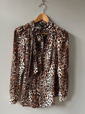 White House Black Market Leopard Print Tie-Neck Blouse in Brown and Cream